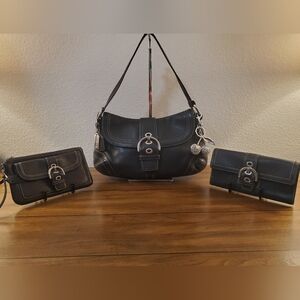 Coach Black Leather Shoulder Bag Set with Matching Wallets